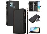 Custodia Per Infinix Hot 9 Play/Hot 10 Play/Hot 11 Play, Flip Case In Finto Cuoio Con Cerniera E Portafoglio, Tasche Per Carte, Supporto E Passante Per La Mano Nero