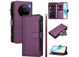Custodia Per Vivo X100, Con Cerniera, Portafoglio In Finto Cuoio Con Tasche Per Carte, Supporto E Passante Per Mano Viola