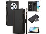 Custodia Per Tecno Spark 30 4G, Con Cerniera, Portafoglio Custodia Flip In Finto Cuoio Con Tasche Per Carte, Supporto E Passante Per Mano Nero