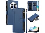 Custodia Per Huawei Mate 70, Con Cerniera, Portafoglio In Finto Cuoio Con Tasche Per Carte, Supporto E Passante Per La Mano Blu