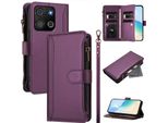 Custodia Per Itel A05S, Con Cerniera, Portafoglio Custodia Flip In Finto Cuoio Con Tasche Per Carte, Supporto E Passante Per La Mano Viola