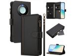 Custodia Per Honor X9C Smart, Con Cerniera, Portafoglio Custodia Flip In Finto Cuoio Con Tasche Per Carte, Supporto E Passante Per La Mano Nero