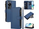 Custodia Per Huawei P60/P60 Pro, Con Cerniera, Portafoglio In Finto Cuoio Con Tasche Per Carte, Supporto E Passante Per La Mano Blu