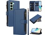Custodia Per Infinix Hot 50 5G, Con Cerniera, Portafoglio Custodia Flip In Finto Cuoio Con Tasche Per Carte, Supporto E Passante Per Mani Blu