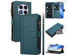 Custodia Per Xiaomi Redmi Note 14 Pro 4G, Con Cerniera, Portafoglio In Finto Cuoio Con Tasche Per Carte, Supporto E Passante Per Mano Verde