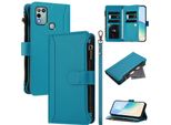 Custodia Per Infinix Hot 9 Play/Hot 10 Play/Hot 11 Play, Flip Case In Finto Cuoio Con Cerniera E Portafoglio, Tasche Per Carte, Supporto E Passante Per La Mano Lake Blue