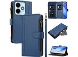 Custodia Per Xiaomi Poco M6 4G/Redmi 13/Redmi 13 5G, Con Cerniera, Portafoglio Custodia Flip In Finto Cuoio Con Tasche Per Carte, Supporto E Passante Per Mano Blu