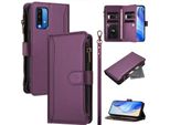 Custodia Per Xiaomi Redmi 9T/Redmi Note 9 4G, Con Cerniera, Portafoglio In Finto Cuoio Con Tasche Per Carte, Supporto E Passante Per Mano Viola