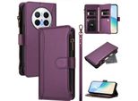 Custodia Per Huawei Mate 70, Con Cerniera, Portafoglio In Finto Cuoio Con Tasche Per Carte, Supporto E Passante Per Mano Viola