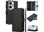 Custodia Per Itel P55+, Con Cerniera, Portafoglio Custodia Flip In Finto Cuoio Con Tasche Per Carte, Supporto E Passante Per Mano Nero