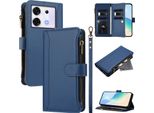 Custodia Per Infinix Zero 30 5G, Con Cerniera, Portafoglio Custodia Flip In Finto Cuoio Con Tasche Per Carte, Supporto E Passante Per Mano Blu