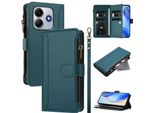 Custodia Per Xiaomi Redmi Note 14 4G, Con Cerniera, Portafoglio In Finto Cuoio Con Tasche Per Carte, Supporto E Passante Per Mano Verde