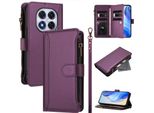 Custodia Per Xiaomi Redmi Note 14 Pro 4G, Con Cerniera, Portafoglio In Finto Cuoio Con Tasche Per Carte, Supporto E Passante Per La Mano Viola