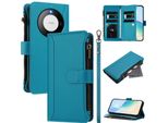 Custodia Per Huawei Mate 60 Pro/Mate 60 Pro+, Con Cerniera, Portafoglio, Custodia Flip In Finto Cuoio Con Tasche Per Carte, Supporto E Passante Per Mani Lake Blu