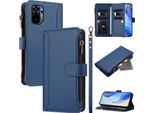 Custodia Per Xiaomi Redmi Note 10 4G/Note 10S/Poco M5S, Custodia Flip In Finto Cuoio Con Cerniera, Portafoglio, Tasche Per Carte, Supporto E Passante Per Mano Blu
