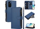 Custodia Per Huawei P40, Con Cerniera, Portafoglio In Finto Cuoio Con Tasche Per Carte, Supporto E Passante Per Mano Blu