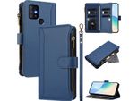 Custodia Per Infinix Hot 10, Con Cerniera, Portafoglio Custodia Flip In Finto Cuoio Con Tasche Per Carte, Supporto E Passante Per Mano Blu