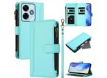 Custodia Per Xiaomi Poco M6 4G/Redmi 13/Redmi 13 5G, Con Cerniera, Portafoglio In Finto Cuoio Flip Con Tasche Per Carte, Supporto E Passante Per Mano Verde Menta