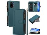 Custodia Per Xiaomi Redmi Note 10 4G/Note 10S/Poco M5S, Con Cerniera, Portafoglio In Finto Cuoio Flip Case Con Tasche Per Carte, Supporto E Passante Per Mano Verde