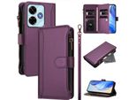 Custodia Per Xiaomi Poco M6 4G/Redmi 13/Redmi 13 5G, Con Cerniera, Portafoglio In Finto Cuoio Con Tasche Per Carte, Supporto E Passante Per La Mano Viola