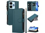 Custodia Per Xiaomi Poco M6 4G/Redmi 13/Redmi 13 5G, Con Cerniera, Portafoglio In Finto Cuoio Flip Con Tasche Per Carte, Supporto E Passante Per Mano Verde