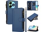 Custodia Per Itel S23+, Con Cerniera, Portafoglio Custodia Flip In Finto Cuoio Con Tasche Per Carte, Supporto E Passante Per Mano Blu