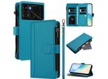Custodia Per Itel P40, Con Cerniera, Portafoglio Custodia Flip In Finto Cuoio Con Tasche Per Carte, Supporto E Passante Per Mano Lago Blu