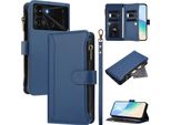 Custodia Per Itel P40, Con Cerniera, Portafoglio Custodia Flip In Finto Cuoio Con Tasche Per Carte, Supporto E Passante Per Mano Blu