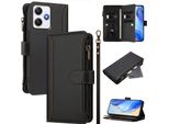 Custodia Per Xiaomi Redmi 12/Redmi 12 5G/Poco M6 Pro 5G, Con Cerniera, Portafoglio Custodia Flip In Finto Cuoio Con Tasche Per Carte, Supporto E Passante Per Mano Nero