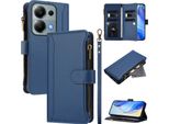 Custodia Per Xiaomi Redmi Note 13 Pro 4G/Poco M6 Pro 4G, Con Cerniera, Portafoglio In Finto Cuoio Con Tasche Per Carte, Supporto E Passante Per Mano Blu