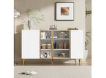 Fortuna Lai Elegante Credenza A 4 Ante Bianca Con Vetro E Metallo, Design Moderno, Senza Maniglie, Ampio Spazio Di Archiviazione, Credenza Soggiorno Sala Da Pranzo Comò Armadio Di Alta Qualità