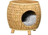 Pawhut Grotta Per Gatti In Rattan Design 2 In 1 Cesto Per Gatti Con Cuscino Letto Per Gatti Rifugio Per Gatti Letto Per Animali Domestici Giacinto D'acqua Erba Paulownia Legno Marrone Chiaro+Grigio 44 X 43 X 42 Cm