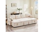 Divano Angolare Merax, Divano A U Con Funzione Letto E Box Letto, Portabicchieri, Divano A 4 Posti, Divano Letto, Set Di Divani In Cotone E Lino, Beige
