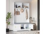 Appendiabiti Merax Con Panca Per Scarpe, Appendiabiti Da Corridoio Con 6 Ganci Tripli, Appendiabiti Con Panca, Per Ingresso, 120×40×191Cm, Bianco