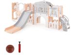 Costway Scivolo Per Bambini Con Struttura Per Arrampicata, Altalena, Canestro Da Basket E Volante Telescopico, Set Di Scivoli, Scivolo, Parco Giochi Per Bambini 1+ (Grigio + Rosa)