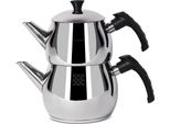 Serenk Set Di Teiere Turche Moderniste In Acciaio Inox, Caydanlik, Teiera 1 L, Coperchio Teiera 1,5 L, Manico Nero, TüRkiye
