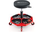 Costway Sedile Rotante Per Officina 150 Kg Di Portata, Regolabile In Altezza Da 41 A 55 Cm, Sgabello Per Officina Con Ripiano E 4 Ruote Universali, Sgabello Da Lavoro Per Attrezzi, Sgabello Rotante Pneumatico, Rosso + Nero