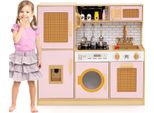 Costway Cucina Da Gioco Per Bambini, Cucina In Legno Con Ante In Rattan, Luci, Suoni, Frigorifero, Distributore D'acqua, Lavatrice E Accessori Da Cucina, Per Bambini Dai 3 Anni In Su Rosa