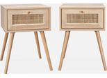 Set 2 Comodini Effetto Legno E Cannage, Marrone Naturale