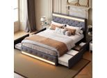Letto Imbottito Fortuna Lai 140X200 Cm In Grigio, Letto Funzionale Con 4 Cassetti, Testata Regolabile In Altezza, Presa Led E Usb, Rivestimento In Lino