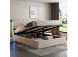 Letto Imbottito 140X200 Cm Con Rete Idraulica, Led E Rete A Doghe, Beige - Fortuna Lai
