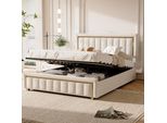 Letto Imbottito 160X200 Cm In Velluto, Con Rete Idraulica, Rete A Doghe, Beige - Fortuna Lai