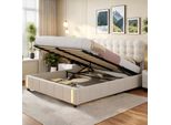 Letto Imbottito Fortuna Lai 160X200Cm Con Contenitore, Rete A Doghe E Rilevatore Di Movimento, Velluto, Legno Massiccio, Beige