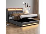 Letto Imbottito Fortuna Lai 140X200 Cm, Led, Usb, Contenitore, Rete A Doghe, Letto Per Ragazzi In Ecopelle, Nero