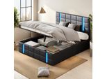 Letto Imbottito Fortuna Lai 160X200 Cm, Led, Rete, Idraulico, Rete A Doghe, Ecopelle, Nero