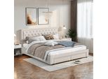 Letto Imbottito Fortuna Lai 180X200 Cm, Letto A Molle Idrauliche Con Cassetto E Rete A Doghe, Velluto, Beige