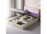 Letto Imbottito Fortuna Lai 140X200 Cm, Led, Usb, Letto Contenitore Con Rete A Doghe, Letto Per Ragazzi In Lino, Beige