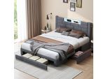 Letto Imbottito Fortuna Lai 160X200 Cm, Con 3 Cassetti, Testata Con Contenitore, Led E Usb, Velluto, Grigio