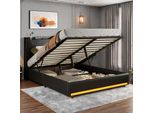 Letto Imbottito Fortuna Lai 140X200 Cm, Idraulico Con Testata A Led, Ricarica Usb, Rete A Doghe E Giroletto,Poliuretanonero