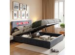 Letto Imbottito Fortuna Lai Idraulico 160X200 Cm, Led E Rete, Letto Contenitore, Velluto, Grigio